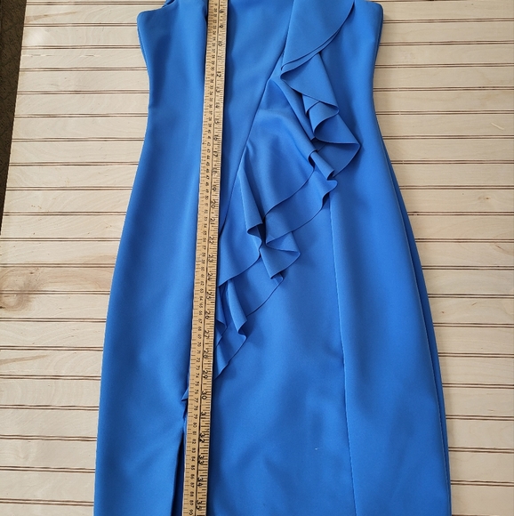 Royal Blue Asymmetrical Ruffled Sheath Dress with Mock Neck - Picture 5 of 6